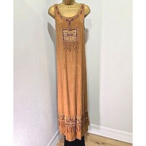 Max Mehra Brown Midi Patchwork Embroidered Fringe Sun Dress OSFA Boho Grunge